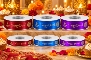 Red Dot Gift Happy Diwali Printed Satin Ribbon (2-Size Options, 3-Color Options) – 25 Yards Gold Foil Decorative Ribbon Roll for Gift Wrapping, Sweets Boxes, Crafts, and Festival Decor