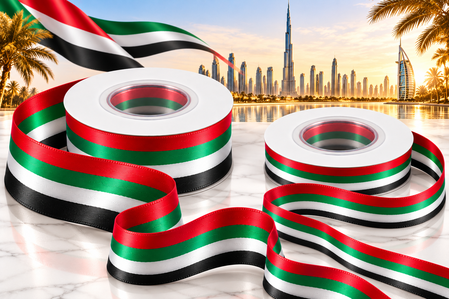 Red Dot Gift UAE Flag Grosgrain Ribbon Roll (25 Yards, 2-Color Options) – Striped Decorative Ribbon for UAE National Day, Flag Day, Gift Wrapping, and Crafts