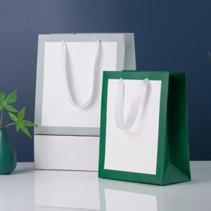Red Dot Gift® 10 Pack White with Green Border Gift Bags, Shopping Bag Party Favor Bags with Grosgrain Ribbon Handle for Birthday.