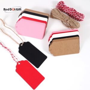 REDDOTGIFT Gift Tags ( 5 Color Options ),100Pcs Kraft Paper Tags with 10m Natural Jute Twine Craft Tags Labels Treats Tags for Wedding Christmas Day Thanksgiving…
