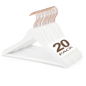 HOUSE DAY Wooden Hangers , 20PCS White Wooden Coat Hangers for Clothes Adult, Clothes Hangers , Suit Hangers with Bridge and Notches, 360° Rotating Hook in Rose Gold