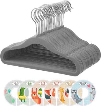 20 Pack  Grey Baby Velvet Hangers, Infant and Toddler Hangers, No-Slip Children Hangers, Ultra-Slim Space Saving Kids Hangers,Sturdy&Durable Clothes Hangers, Age-Labeled Dividers