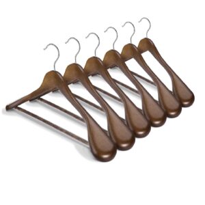 HOUSE DAY Wide Shoulder Wooden Hangers, Suit Hangers with Non Slip Pants Bar, Smooth Finish 360° Swivel Hook Solid Wood Coat Hangers for Dress, Jacket, Pants, Heavy Clothes Hangers 6 Pack (Walnut)