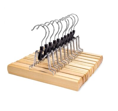 Nature Smile Wooden Pants Hangers 10 Pack Non Slip Skirt Hangers, Smooth Finish Solid Wood Clamp Hangers Hair Extension Hangers Jeans/Slack Hangers with 360° Swivel Hook - Pants Clip Hangers (Natural)