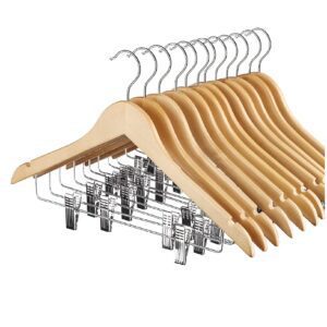HOUSE DAY 12 Pack High-Grade Wooden Suit Hangers Skirt Hangers with Clips Solid Wood Pants Hangers Natural Smooth Finish Premium Wood Hangers with Durable Metal Clips for Blouse, Dress, Coat, Jacket