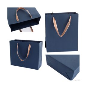 Red Dot Gift®Blue Color Plain Specialty Paper Bags, Shopping Paper Bags 230gsm Thickness Paper Bags with Gold Ribbon Handle.