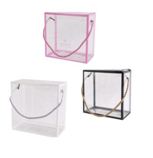 Red Dot Gift® Transparent Plastic Gift Box, 14x7x14 cm Clear PVC Plastic Favor Box, Rectangle Candy Box with Borders and Cord for Bridal Gift Wrapping Packaging.