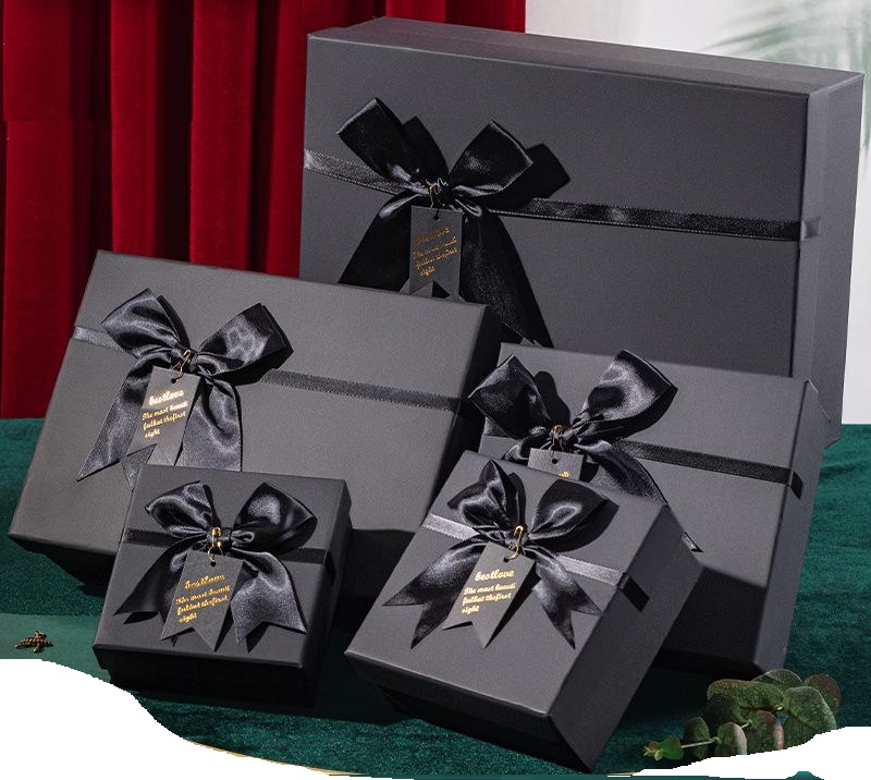Cardboard Gift Box with Satin Ribbon in Classic Black Color, Rectangle Decorative Gifting Boxes for Valentine's Day, Christmas, Birthdays, Father's Day, Weddings, Graduations, Proposals