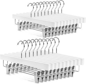 Nature Smile Solid Lotus Wood Deluxe Wooden Pants Hangers Bottom Hanger Jeans Hanger Skirt Hanger with 2-Adjustable Clips Anti Rust Hook Pack of 20 (White)