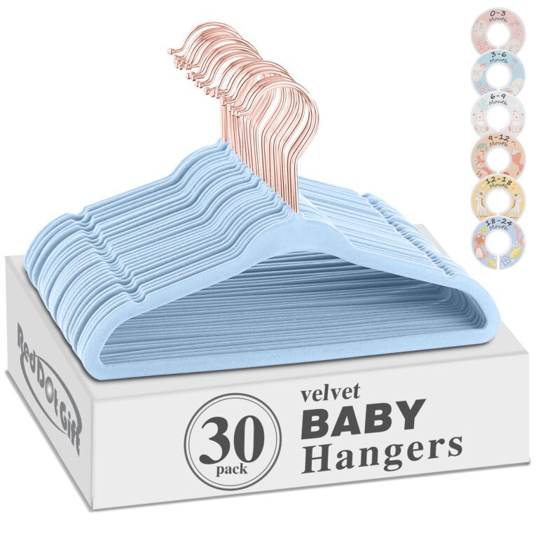 30-Pack Baby Velvet Hangers 11Inch Color : Blue - Nursery Clothes Hangers Non Slip Toddler Hangers, 360 Chrome Rose-Gold Hook with 6 Pieces Baby Clothing Dividers
